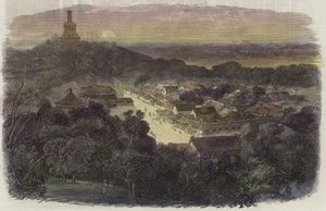 Blick auf die Gärten und den buddhistischen Tempel in der Kaiserlichen Stadt von English School