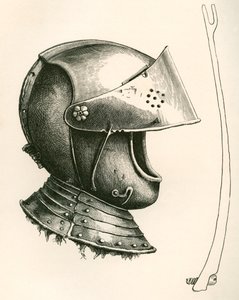 Visierhelm aus ca. 1643. Das Stück an der Seite ist die Visierstütze, in voller Größe, verwendet, um das Visier in verschiedenen Winkeln zu halten, je nach verwendetem Kerbe, aus Die britische Armee: Ihre Ursprünge, Fortschritte und Ausrüstung, veröffentli