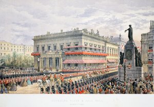 Waterloo Place und Pall Mall, aus Ein Gedenkbuch zur Hochzeit von Edward VII. und Alexandra von Dänemark, veröffentlicht 1864