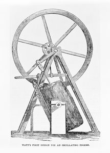 Watts erster Entwurf für eine oszillierende Maschine, Seite 35 aus The Illustrated London News, 5. Juli 1851 von English School