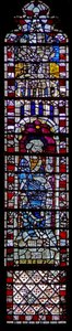 Fenster c1, St. Petrus mit Glaubensbekenntnis-Schriftrolle darstellend von English School