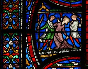Fenster n2, Szene aus einem St. Thomas Becket Wunderfenster: Geschichte der verrückten Mathilde von Köln von English School
