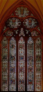 Fenster w57, Darstellung des Kapitelsaals Ostfenster: Kindheit Christi: Tod der Jungfrau