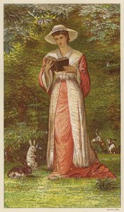 Frau liest ein Buch in einem Garten mit Kaninchen von English School