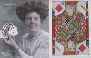 Frau mit Spielkarten und dem Buben von Karo