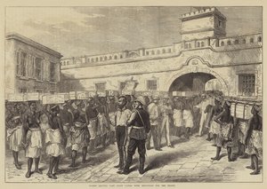 Frauen verlassen Cape Coast Castle mit Proviant für die Truppen (Stich)