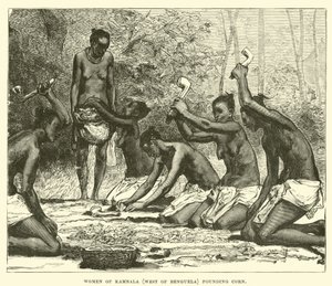 Frauen von Kambala (westlich von Benguela) beim Maisstampfen von English School