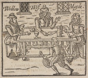Holzschnitt, der Frauen zeigt, die um einen Tisch sitzen, Eine Witwe, Ehefrau und Magd von English School
