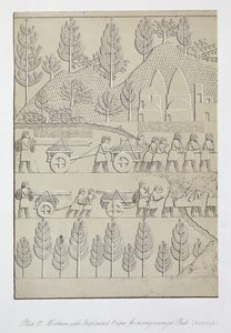 Arbeiter mit Werkzeugen und Seilen zum Bewegen eines geflügelten Stiers, Tafel 17 aus Ninive und seine Überreste von Austen Henry Layard (1817-94) veröffentlicht 1849 von English School