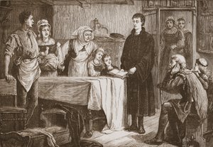 Junger Calvin, der der Familie in Bourges die Bibel erklärt, Illustration aus Die Geschichte des Protestantismus von James Aitken Wylie, veröffentlicht 1878