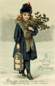 Junges Mädchen mit Stechpalme und Laterne, Postkarte, frühes 20. Jahrhundert von English School