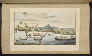 Flussszene in Java mit Booten, darunter ein drachenköpfiges Boot von English School