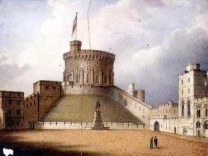 Worcester-Plakette, die den Rundturm von Windsor Castle darstellt, eine von einem Paar, ca. 1830-40