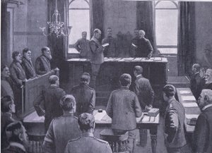 Ein Prozess wegen Hochverrats in Bloemfontein, aus After Pretoria: Der Guerillakrieg veröffentlicht von Harmsworth Bros Limited, 1901