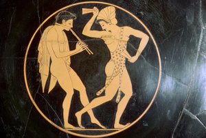 Vasenmalerei eines jungen Mannes, der Flöte spielt, und einer tanzenden Frau, 6. Jahrhundert v. Chr. von Epikektos