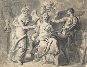 Eine Allegorie der Künste mit Isis und Geometrie, die der dreiköpfigen Figur beiwohnen, 17. Jahrhundert von Erasmus Quellinus