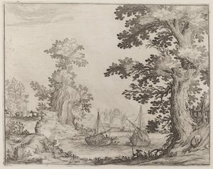 Landschaft und Fluss mit verankerten Schiffen von Ercole Bazicaluva