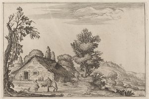 Landschaft mit einem Reisenden vor einem Cottage