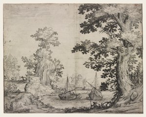 Landschaft mit einem Fluss zwischen Bäumen und Hügeln, zwei Schiffe in der Mitte von Ercole Bazzicaluva