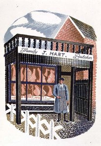 Der Metzgerladen, gedruckt von der Curwen Press, aus High Street, von J.M. Richards, veröffentlicht von Country Life, 1938 (Satz von 24) von Eric Ravilious