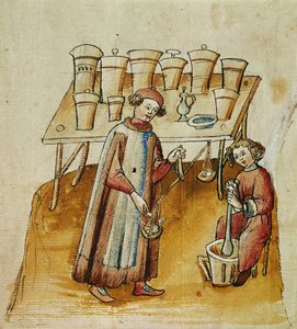 Ein Apotheker und sein Assistent zerstoßen Kräuter und Wurzeln für medizinische Zwecke, ca. 1380-1400 von Erich Lessing