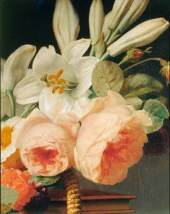 Bouquet de lys et de roses dans une corbeille posée sur une von Erich Lessing