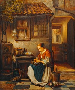 Frau, die Geflügel in einem Hof rupft von Erich Lessing