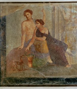 Fragment einer Wandmalerei aus Pompeji: mystische Szene von Erich Lessing