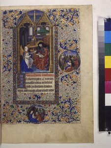 Ganzseitig: gerahmte Miniatur, mit Text und Tempera-Initiale darunter von Erich Lessing