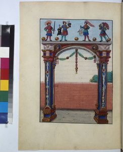 Ganzseitig: Miniatur: Triumphbogen mit Waffenführern, um 1515 von Erich Lessing
