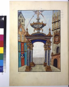 Ganzseitig: Miniatur: Triumphbogen mit dem Bild des Kaisers, Wappen, um 1515 von Erich Lessing