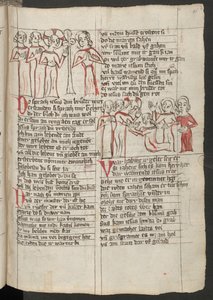 Ganzseitig: Text mit farbiger Zeichnung: Christus sagt Martha, dass ihr Bruder Lazarus von den Toten auferstehen wird