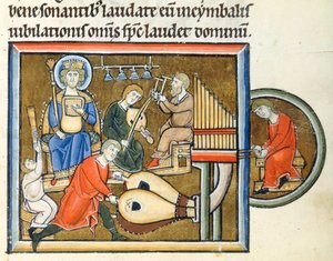 König David spielt eine Psalter, begleitet von Tuba-, Orgel- und Zimbelspielern von Erich Lessing