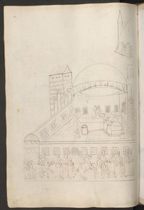 Federzeichnung: Innenhof einer Moschee