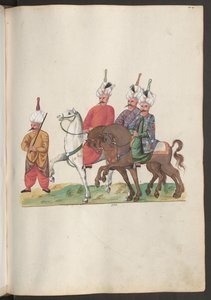 Personal der persischen Botschaft: Drei hochrangige Perser zu Pferd mit einem Begleiter