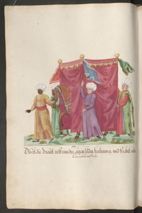 Türkische Hochzeitszeremonie: Braut zu Pferd, hinter einem Vorhang, mit drei Dienern und einem Eunuchen, der ihr Pferd führt von Erich Lessing