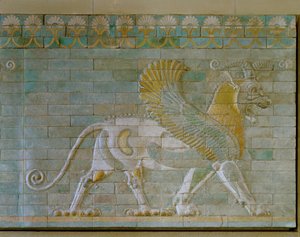 Geflügelter Stier, farbige glasierte Fliesen, aus dem Palast in Susa, Iran