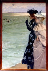 Schöne Epoche: „Badezeit am Meer“ Zwei Frauen am Ufer, die die Badenden durch ein Fernglas betrachten. Gemälde von Ernest Ange Duez (1843-1896) 1896 Rouen, Musée des Beaux-Arts