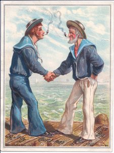 Eine viktorianische Weihnachtskarte von zwei Seeleuten, die Tonpfeifen rauchen und sich die Hände schütteln, ca. 1880 (Farblithografie)