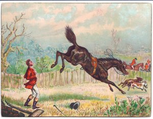 Viktorianische Grußkarte von einer Fuchsjagd mit einem einsamen Pferd, das davon galoppiert und den Jäger zurücklässt, ca. 1880
