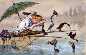 Kormorane präsentieren einem Pelikan Fisch in einem Kahn unter einem Regenschirm, ca. 1864-1907