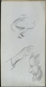 Skizzenbuch, Seite 70: Studie von zwei Gesichtern und einer Hand
