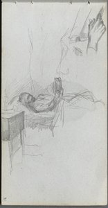 Skizzenbuch, Seite 71: Studie einer Figur, die im Bett liest, Studie einer Hand