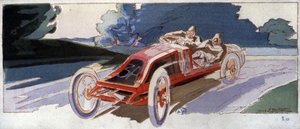 Szisz im Renault-Auto, Gewinner des ACF Grand Prix, ca. 1910 (Illustration)