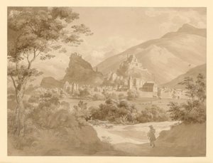 Blick auf eine kleine befestigte Stadt und zwei Burgen in Gebirgslandschaft, vorn ein Maler von Ernst Fries