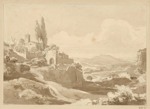 Landschaft in den Albanerbergen, auf der Anhöhe links ein Tor und eine Kirche von Ernst Fries