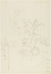 Interieur mit Blumenvase, Frau und Katze von Ernst Ludwig Kirchner