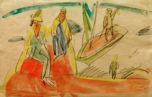 Menschen und Boot am Strand
