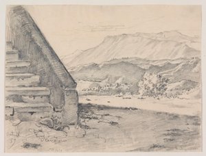 Aussicht mit einer Treppe links und rechts Blick auf eine Berglandschaft von Ernst Meyer