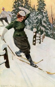 Frau beim Skifahren, spätes 19. oder frühes 20. Jahrhundert